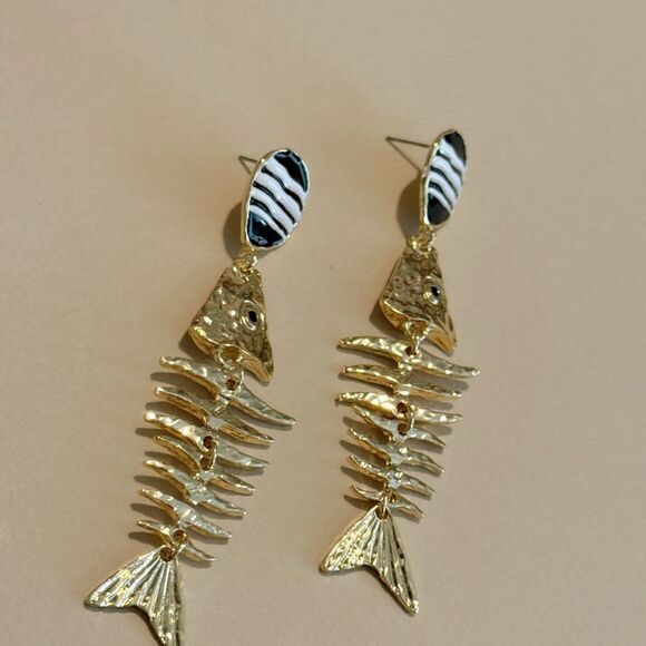 Gold Fishbone Dangle Earrings #1610 - Picture 3 of 4